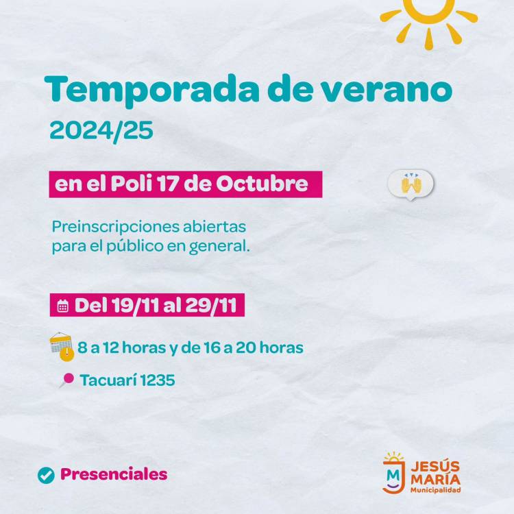 #JesusMaria : Inscripciones abiertas en los Polideportivos para la temporada de verano.