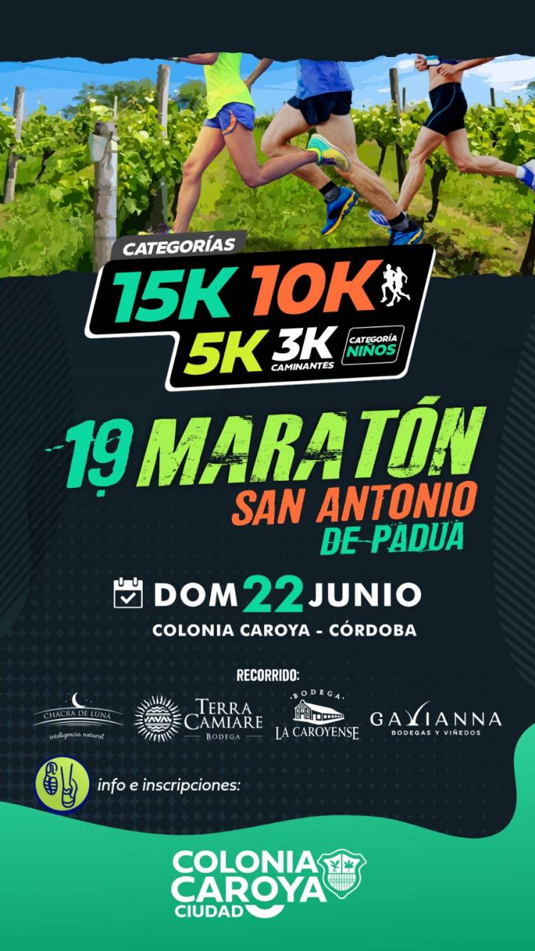 #ColoniaCaroya : Este domingo se corre en Colonia Caroya: 19° Maratón San Antonio de Padua