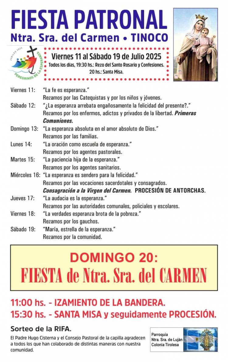 #Tinoco: Tinoco se prepara para celebrar la Fiesta Patronal de la Virgen del Carmen Del viernes 11 al sábado 19 de julio, la comunidad de Tinoco vivirá con profunda fe y alegría la Fiesta Patronal en honor a Nuestra Señora del Carmen.