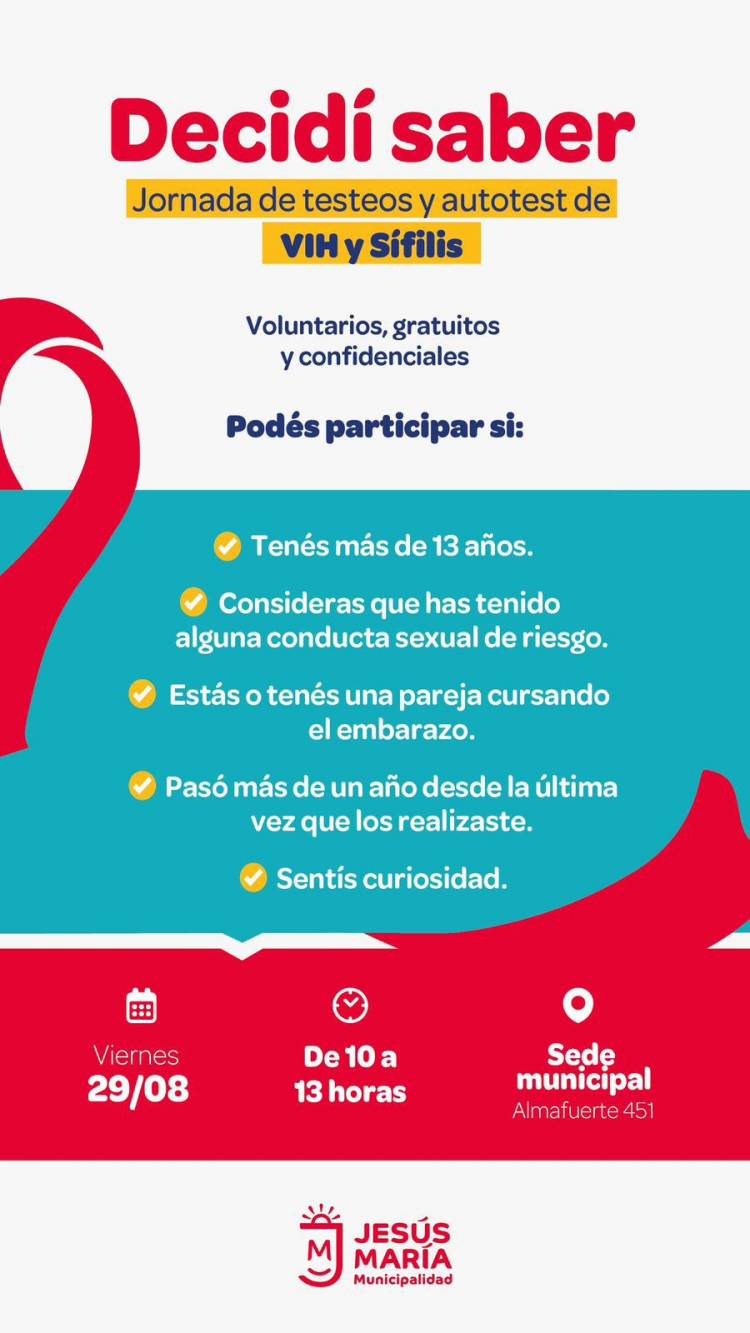 #JESUSMARIA : invita a una nueva jornada de testeos de VIH y sífilis