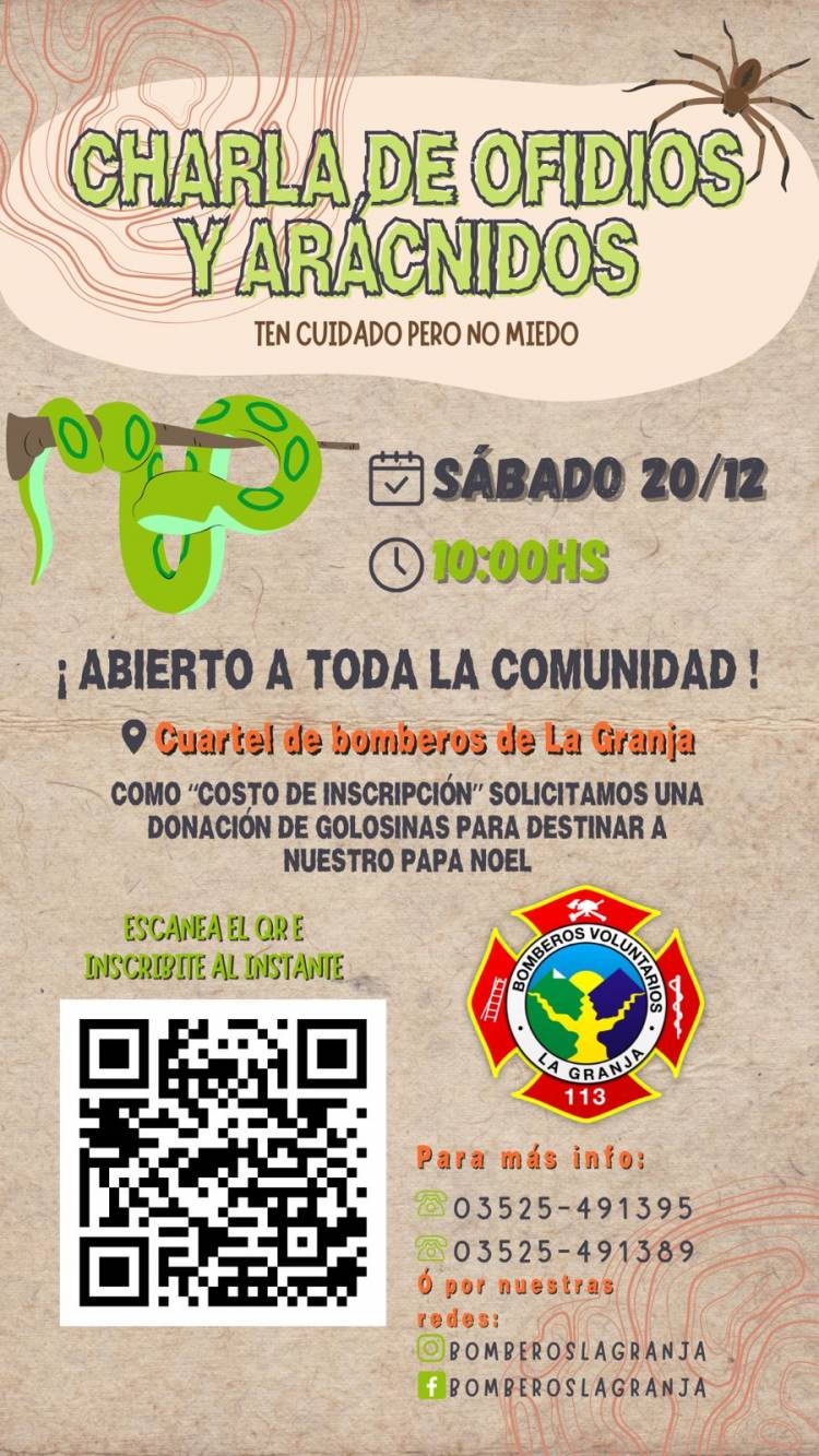 #LAGRANJA - Bomberos de La Granja realizarán una charla sobre ofidios y arácnidos abierta a la comunidad
