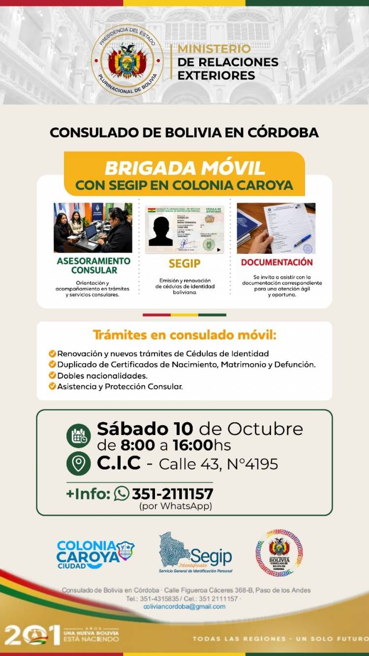 #COLONIACAROYA: La oficina consular de Bolivia llega a Colonia Caroya